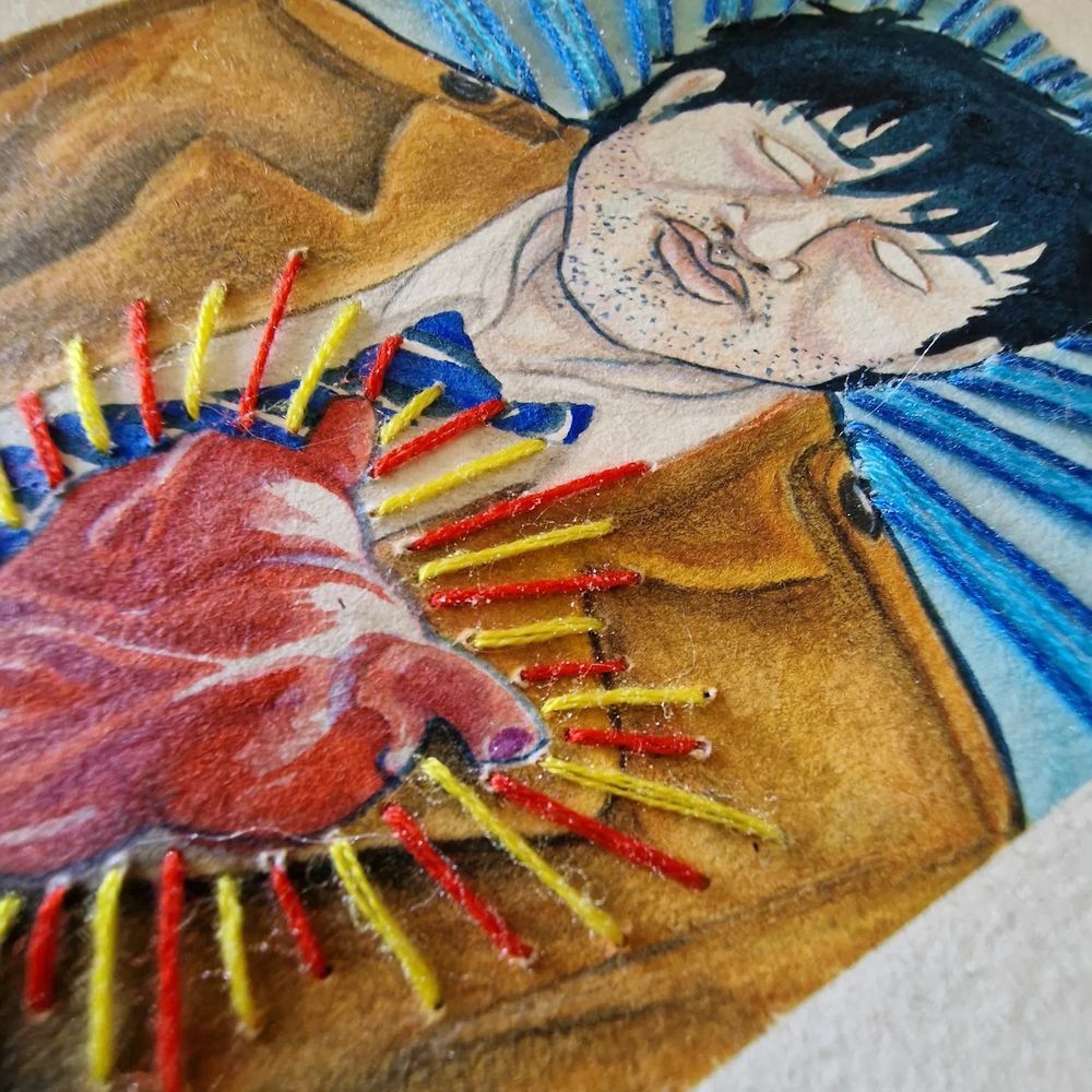 Other point of view. Close up on the heart.
Castiel portrait. Pastel blue background with blue threads mimicking streacks of Light. Front view, Castiel with burning eyes, holding some anatomique hearr with yellow and Red thread around like a sacred heart