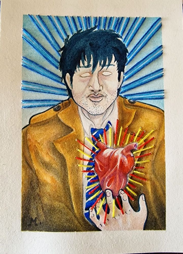 Castiel portrait. Pastel blue background with blue threads mimicking streacks of Light. Front view, Castiel with burning eyes, holding some anatomique hearr with yellow and Red thread around like a sacred heart.