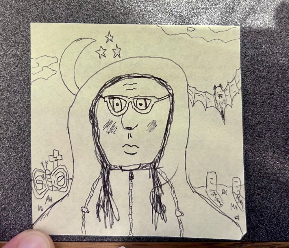 A drawing on a post it note of a worried goth