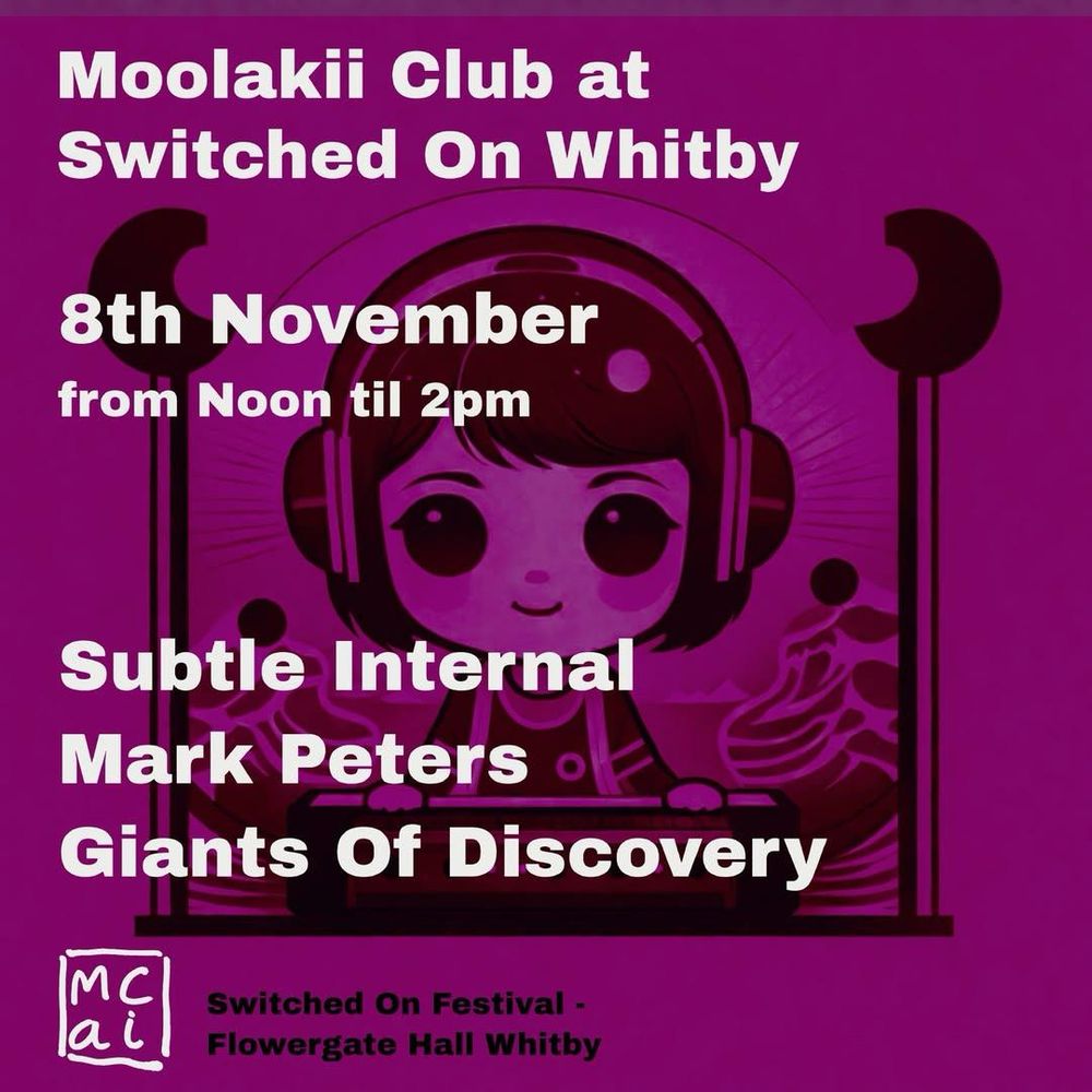 Purple Moolakii club records poster for me, mark peters and giants of discovery @ Flowergate Hall, whitby 8.11.25, noon til 2pm.