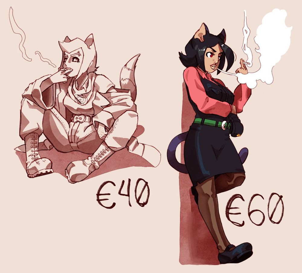 a commission chart showing 40 euro for a monochrome sketch and 60 for a coloured one