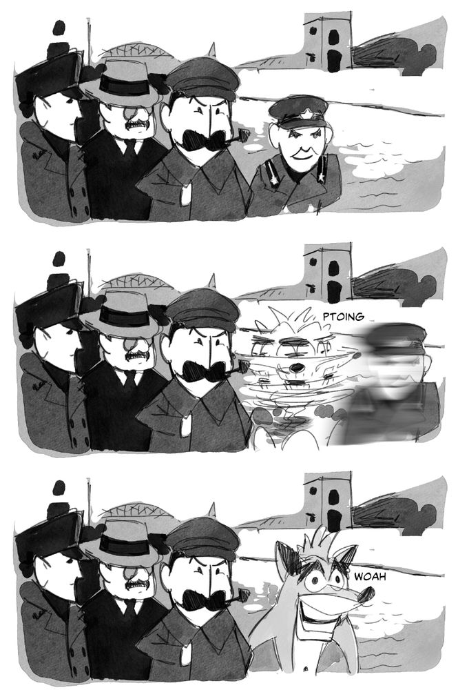 a comic about crash bandicoot
panel 1- a reproduction of the famous photo of stalin walking down a river with an entourage including nikolai yezhov, who later got purged and edited out of the photo
panel 2- crash is spinning yezhov into the horizon
panel 3- crash is now in his place and going "woah"