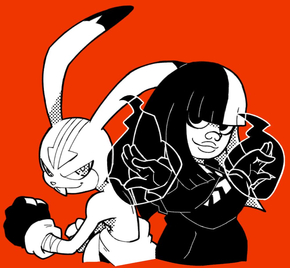a doodle of jack and jill, main characters of daniel barnes' endless fantasia project, currently on kickstarter to finance the first book. it's a cartoon rabbit posing back to the camera but looking at it, looking ready to scrap; and a woman with black and white hair and black flames coming out of her hands