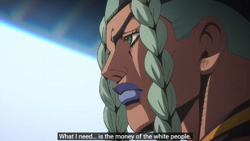 a screenshot from the trailer of the upcoming jojo's bizarre adventure part 7 steel ball run anime. the character sandman, a native american, looks sternly off-camera as the subtitles go "What I need... is the money of the white people."