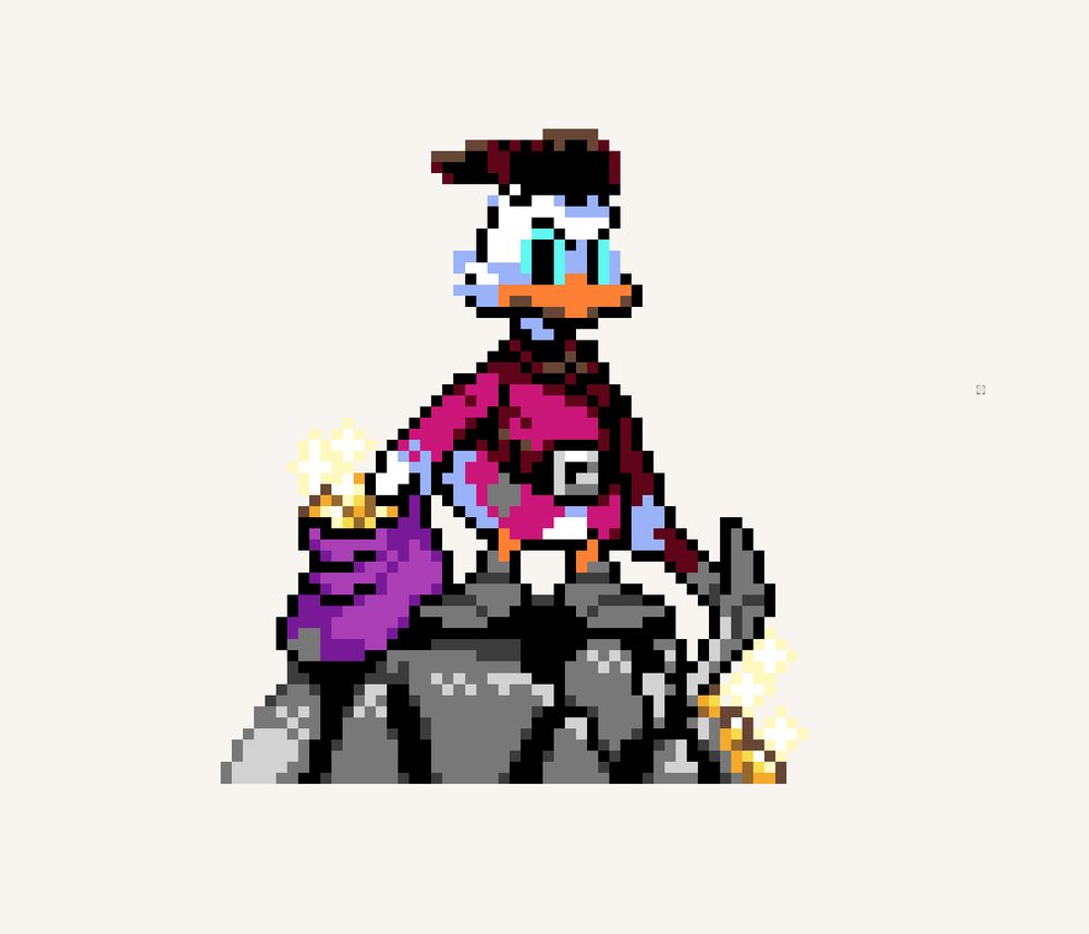 pixel art of scrooge mcduck in his youth, posing atop a boulder with a bag of gold and his rough clothing, based in the famous print by don rosa