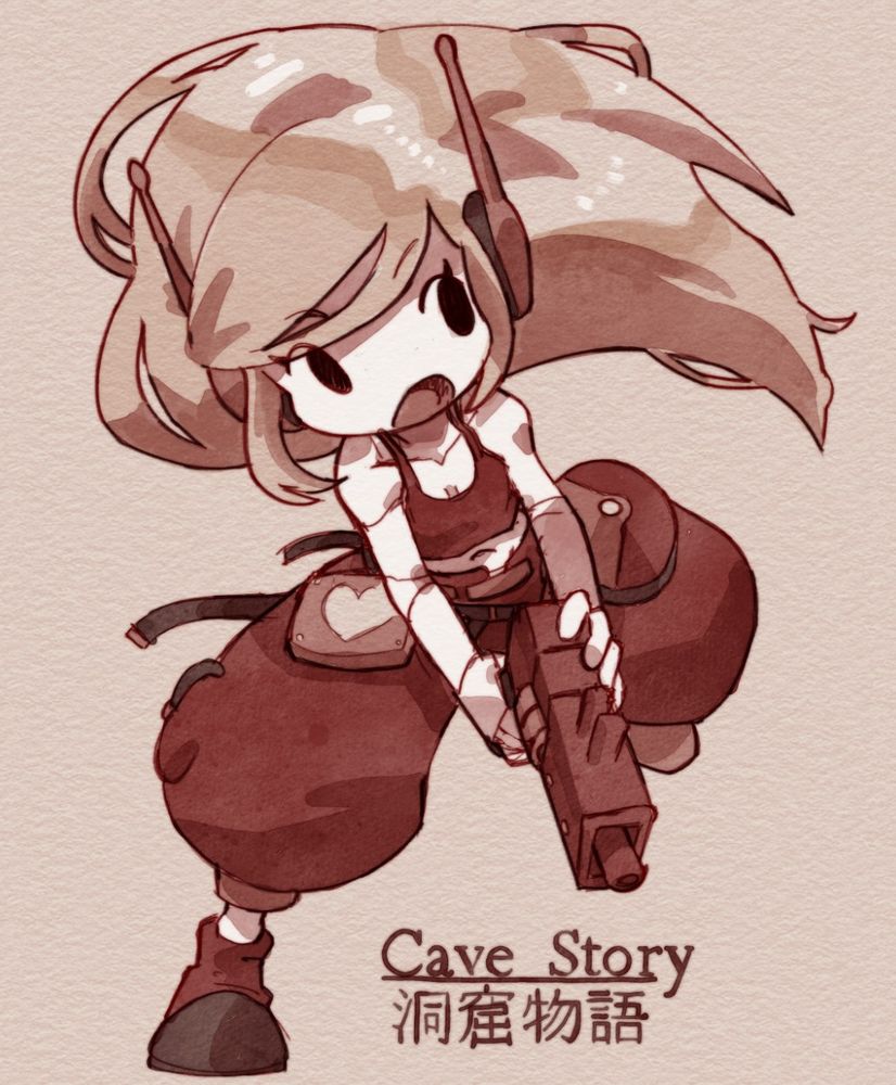 monochrome digital watercolour painting of curly brace from cave story, a robot girl with literal white skin and blonde hair, in an action pose holding a gun. the drawing is all in tones of red