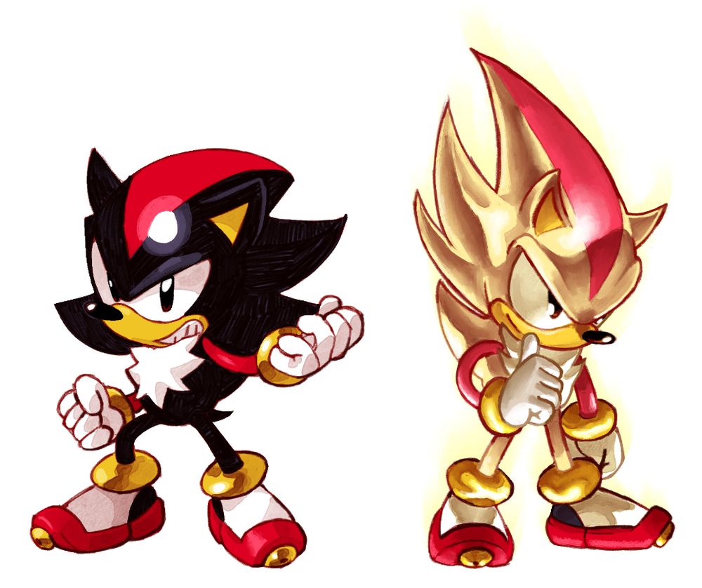 classic sonic styled shadow and super shadow, rendered. shadow is posing angrily at the camera, super shadow is pointing at himself cockily