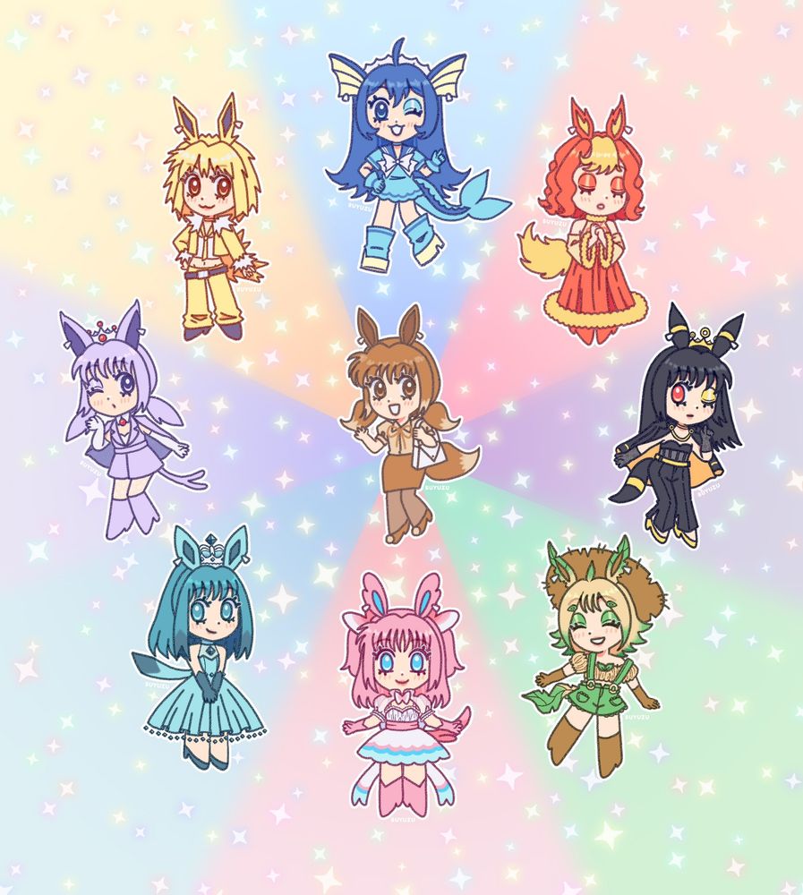 One girl Eevee-themed girl poses in a circle surrounded by a circle of other girls. In clockwise order from 12 o'clock, they are themed after Vaporeon, Flareon, Umbreon, Leafeon, Sylveon, Glaceon, Espeon and Jolteon. They are all looking towards the viewer.