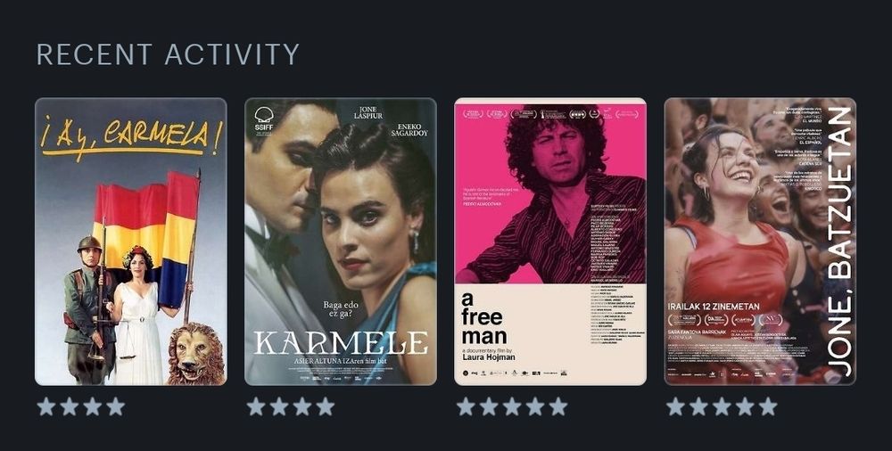 Ikusitako azken filmeak:
• ¡Ay, Carmela! (1990)
• Karmele (2025)
• Un hombre libre (2025)
• Jone, batzuetan (2025)