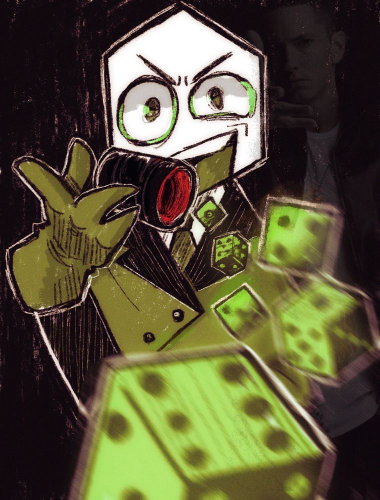 illustration of Battat (green pippins) from Deltarune tossing green dice at the viewer in the same pose from the Eminem Woe Be Upon Ye meme. The very same Eminem is very faintly overlaying the image to the right.