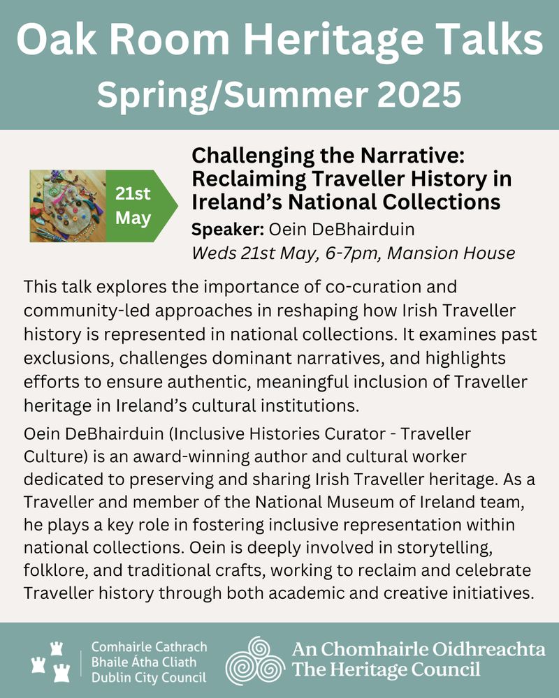 The image gives details for the talk on Wednesday 21st May from 6 to 7 pm in the Oak Room of the Mansion House, an abstract and a bio for the speaker, Oein DeBhairduin.