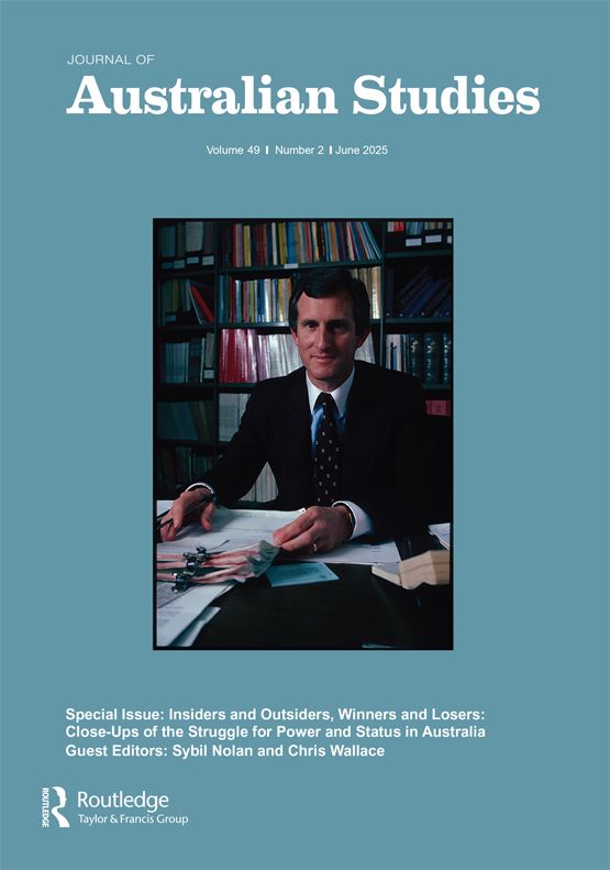 Teal book cover with white writing: Journal of Australian Studies, volume 49, number 2, June 2025. Special issue: Insiders and Outsiders, Winners and Losers: Closeups of the Struggle for Power and Status in Australia. Guest editors: Sybil Nolan and Chris Wallace.  Image features a man at a desk in a suit and tie, looking directly at the camera and smiling slightly.