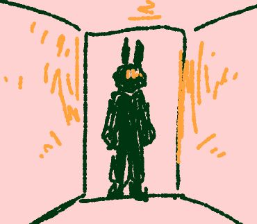 A silhouette of a bunny costume in a doorway. There is a barcode on their forehead that illuminates the walls.