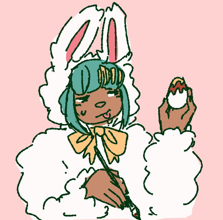 Serra otdevil in a fluffy white bunny costume. She has a big yellow bow on her neck and is painting an easter egg. 