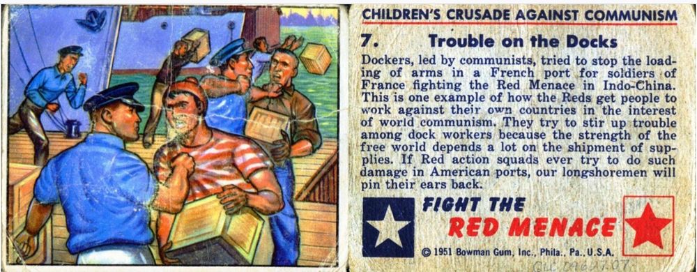 Trading card depicting a guy in a red-and white striped shirt and red beanie (apparently a Communist) getting beat up by an uber-masculine guy in a denim shirt and a peaked cap (apparently an American dockworker).