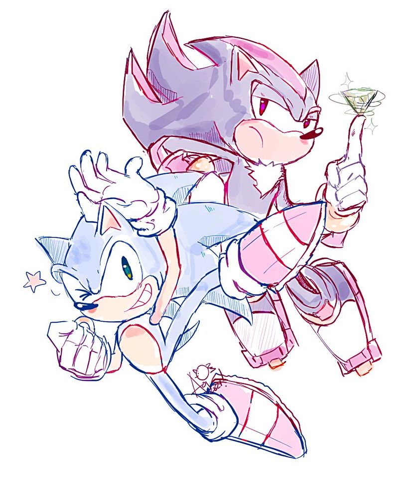 a sketch of sonic and shadow posing for the camera. 
The image depicts Sonic being a goofball and Shadow being stoic per usual haha. 2024.