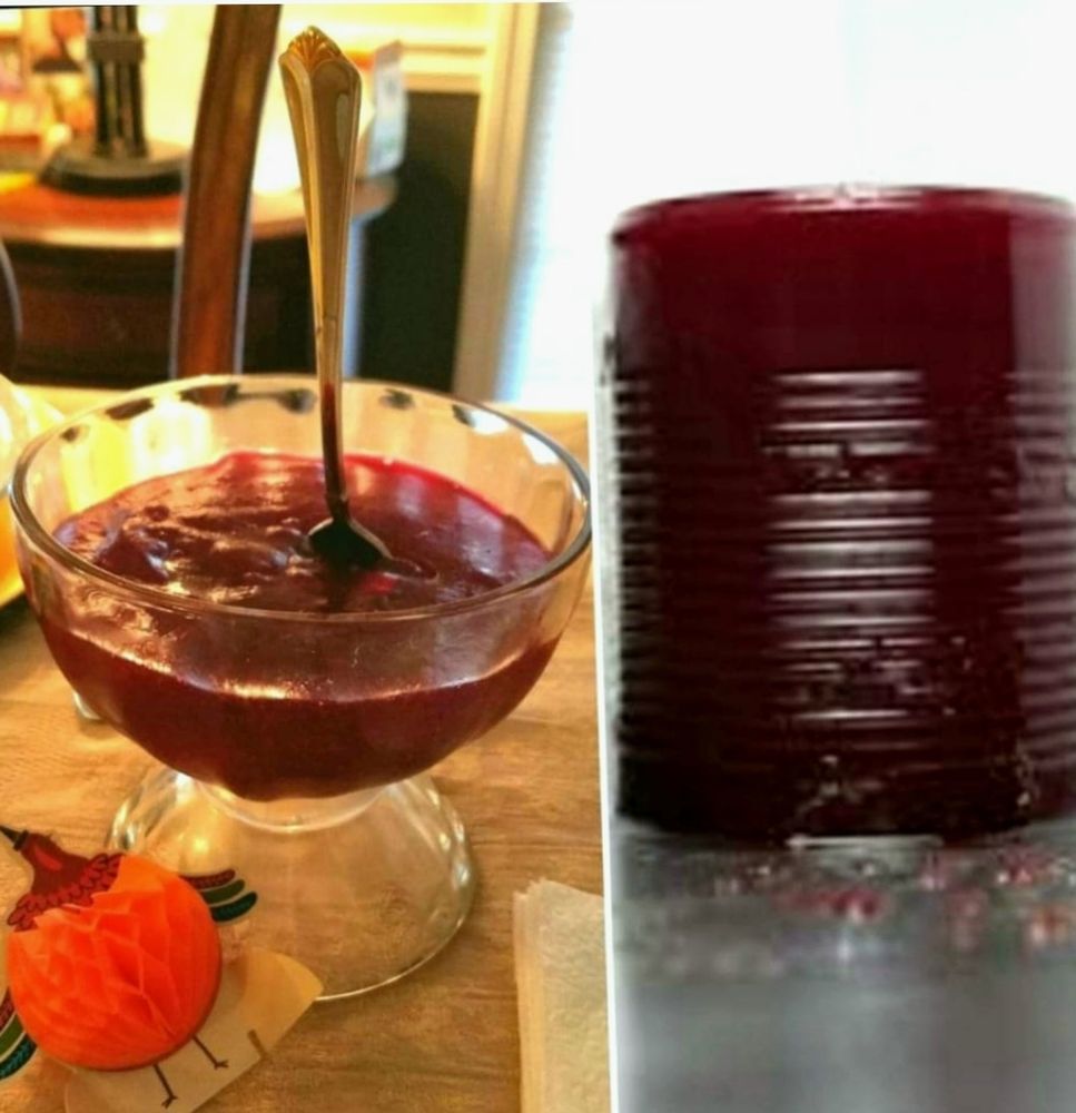 The left image shows a beautiful bowl of homemade cranberry sauce. The right image shows canned cranberry sauce in the shape of its can.