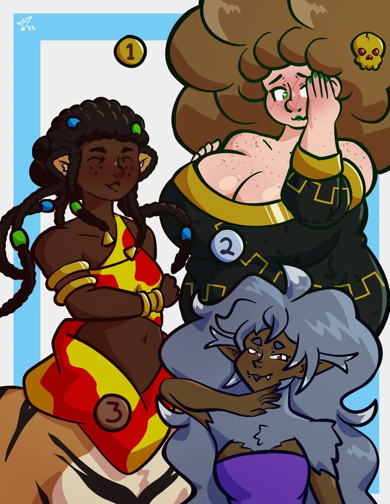 My three most drawn OCs react to their ranking: Peri in first is blushing, Kirara in second is pleased, and Annabelle in third is disproportionately smug for getting third place.