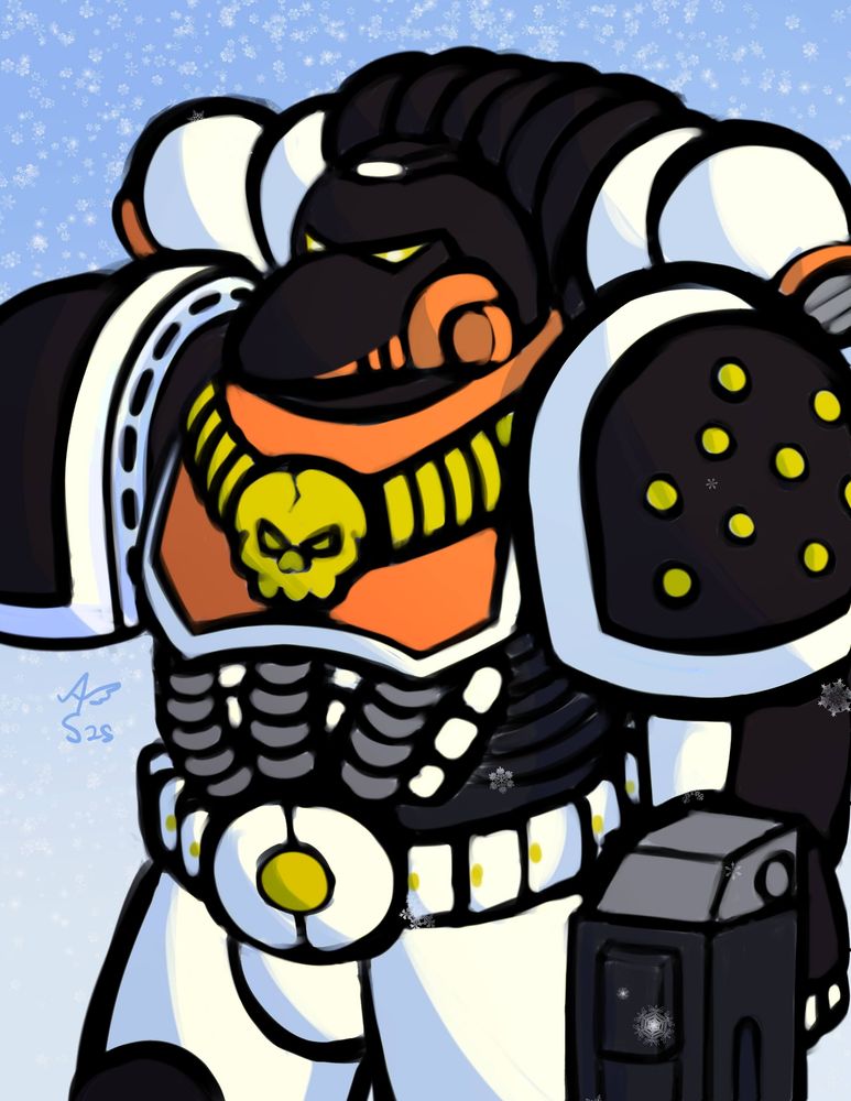 A penguin themed space marine with the classic beaky helmet, obviously