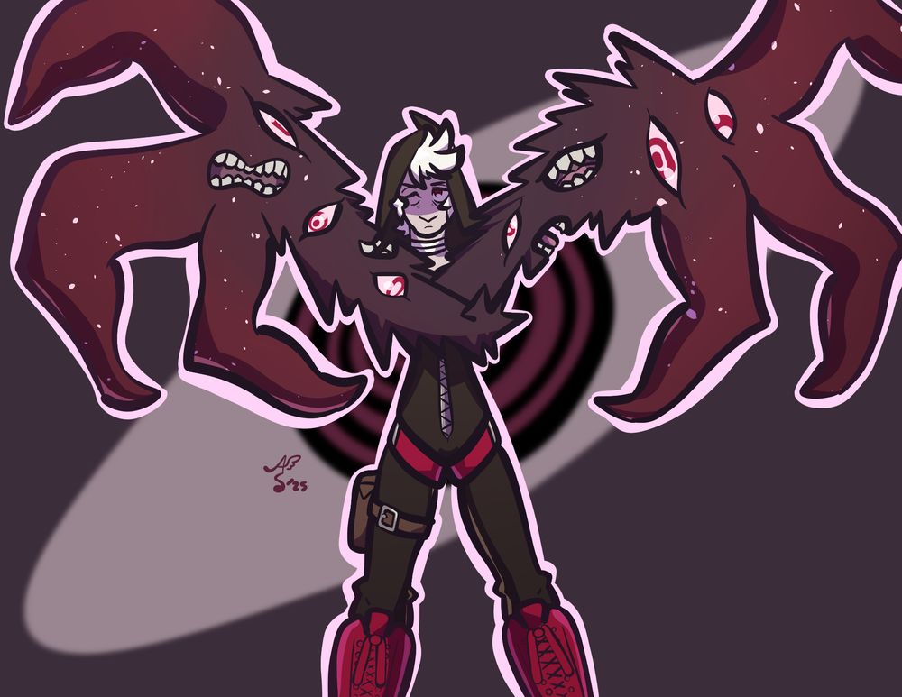 a scary man with scary hands stands scarily in front of a scary eye. His hands have mouths and eyes on them, which is not normally where they go.