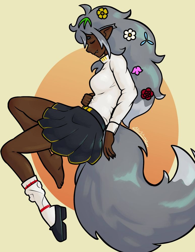 A sleepy Annabelle wearing a dress shirt and skirt, with one sock and shoe. There are flowers in her hair but not her tail.