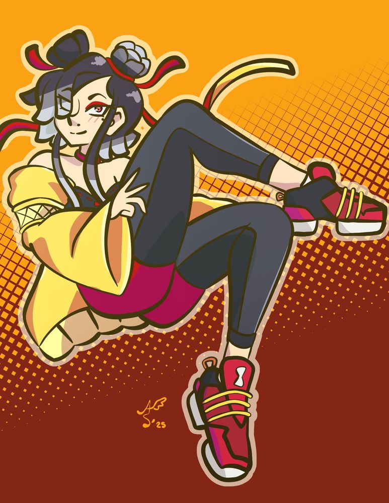 A woman reclining in the air with incredibly annoying to draw shoes