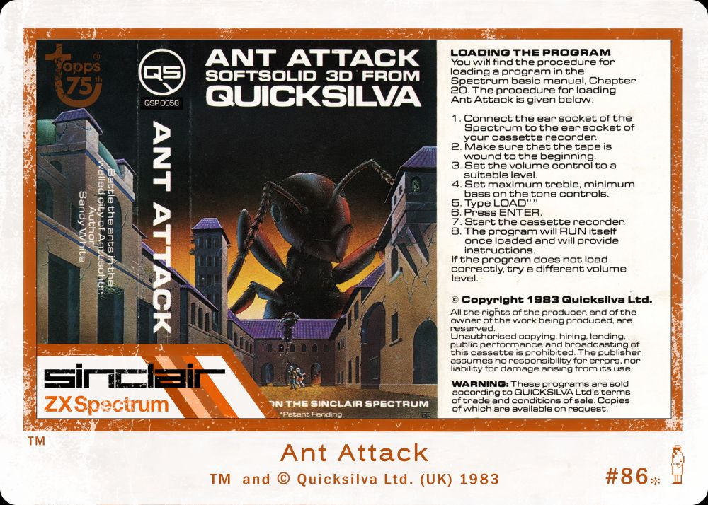 Pseudo ZX Spectrum trading card #86 for Ant Attack by Quicksilva Ltd. (UK), 1983. Topps 'Superman 1978' style.
