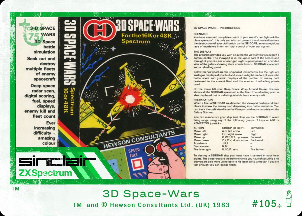 Pseudo ZX Spectrum trading card #105 for 3D Space-Wars by Hewson Consultants Ltd. (UK), 1983. Topps 'Superman 1978' style.