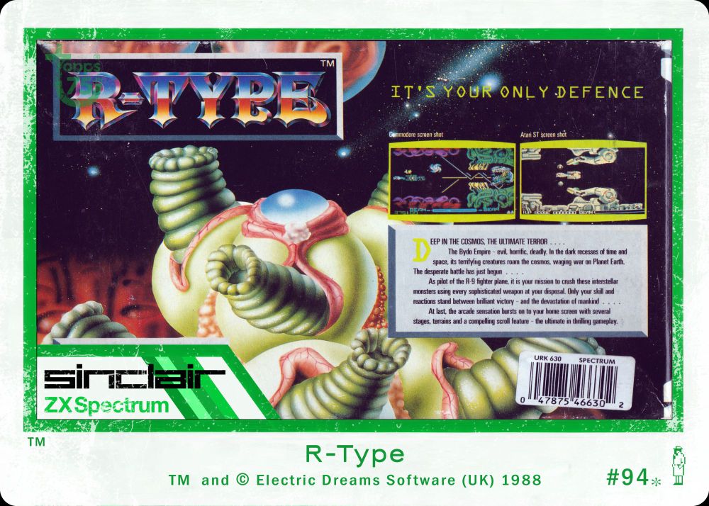Pseudo ZX Spectrum trading card #94 for R-Type by Electric Dreams Software (UK), 1988. Topps 'Superman 1978' style.