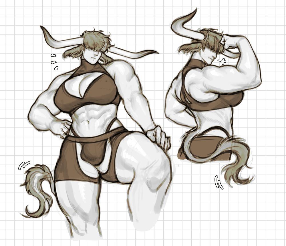 sketchpage of ellumir's original character Agnes. She has a very tall and muscular build, a little suggestive yet athletic clothes and horns and tail of a highland cattle. Her bangs cover her eyes. First pose is her standing with hand on her hip and other pose is her flexing.