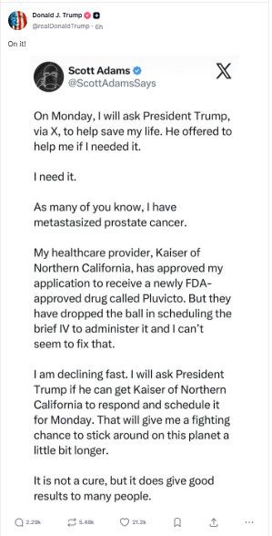 Post in which Trump responds "on it!" to Scott Adams asking for a special handout of healthcare to treat his cancer