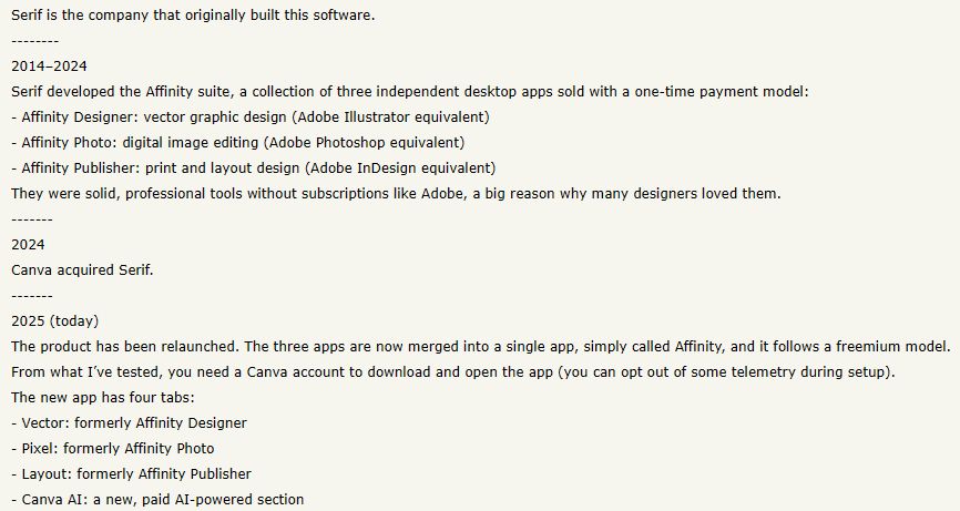 Timeline de Serif, Affinity et leur acquisition par Canva