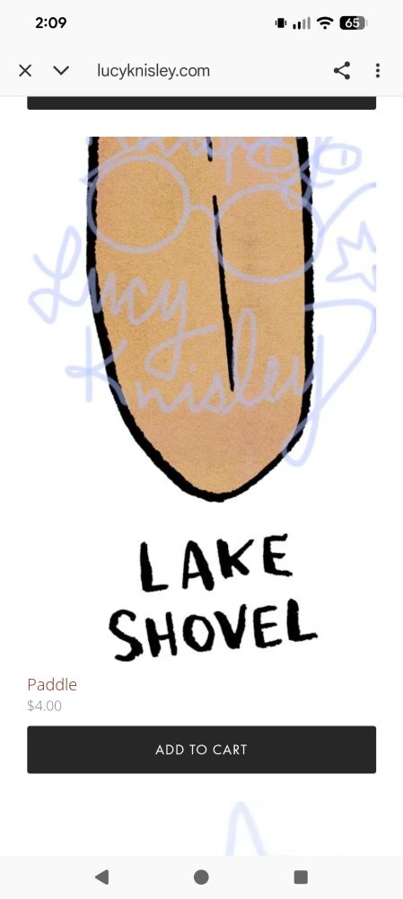 A mobile screenshot of a drawing of what looks like a tongue hanging down over the words LAKE SHOVEL, with "Paddle" below that in much smaller text.