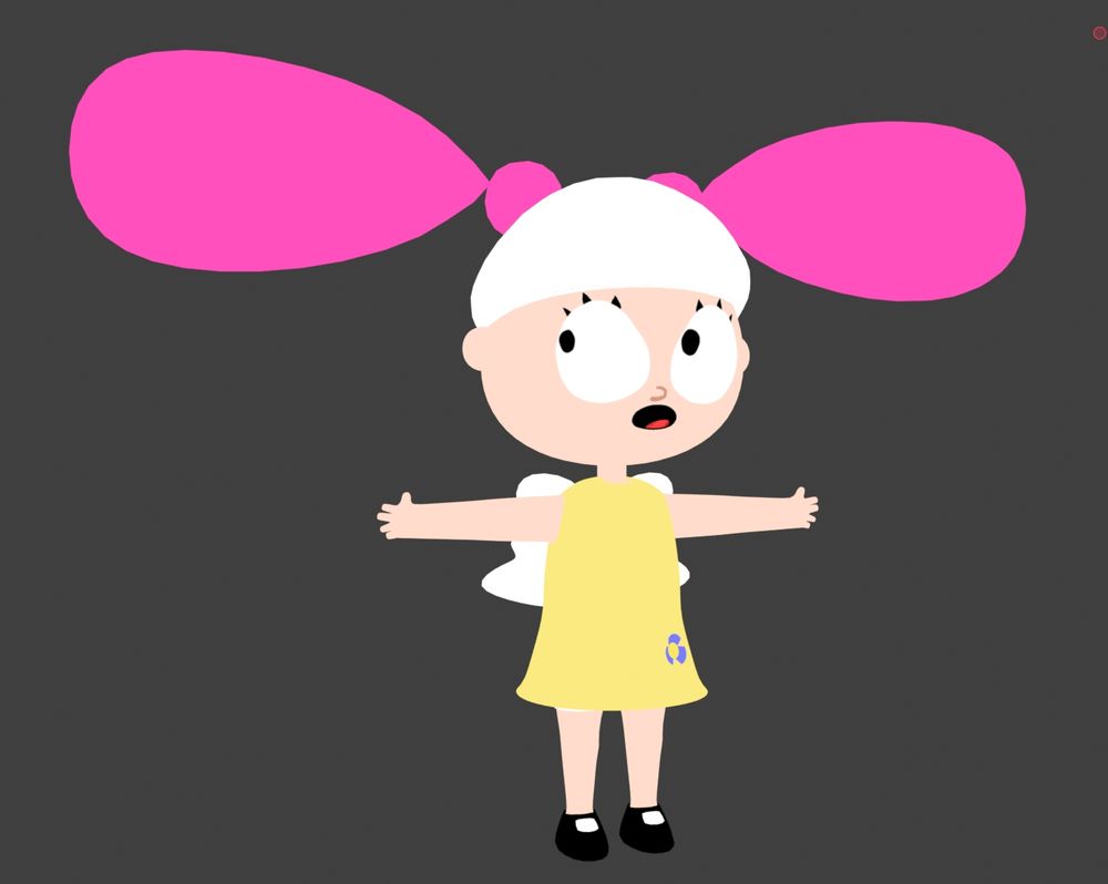 A 3d cel shaded pink haired ponytails girl with a yellow dress with purple flower t-posing