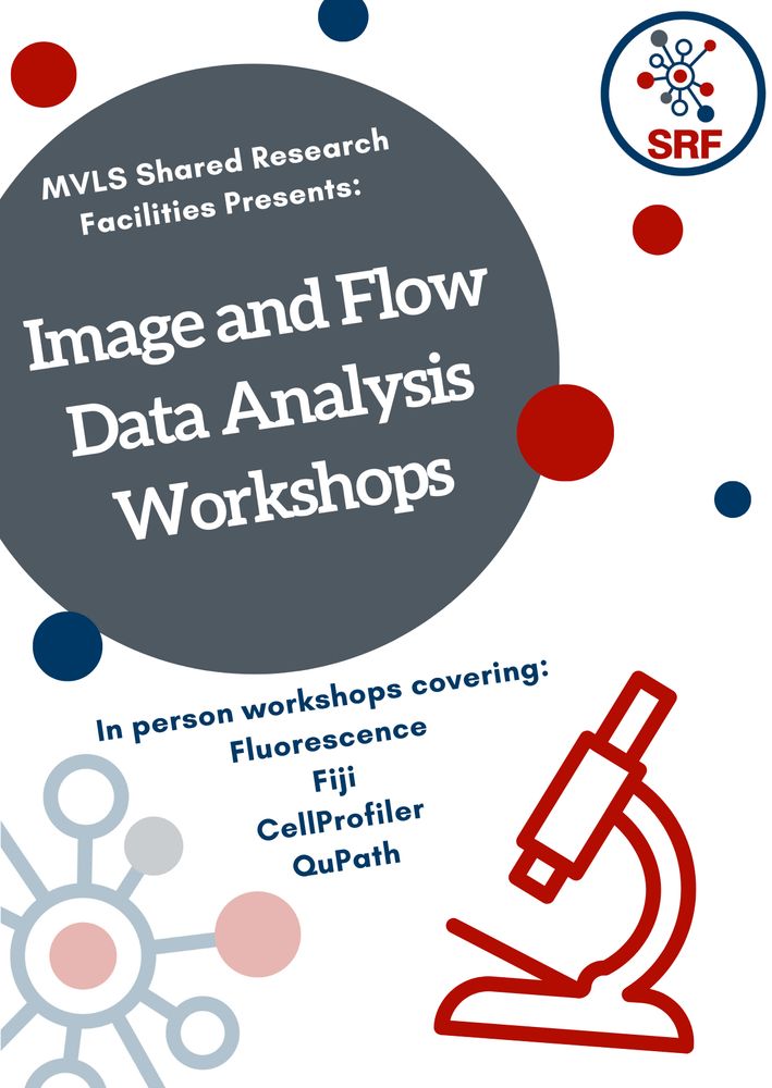 Poster with coloured circles and a microscope.

Says: MVLS Shared Research Facilities Presents: Workshops

In person workshops covering:
Fluorescence
Fiji
CellProfiler
QuPath