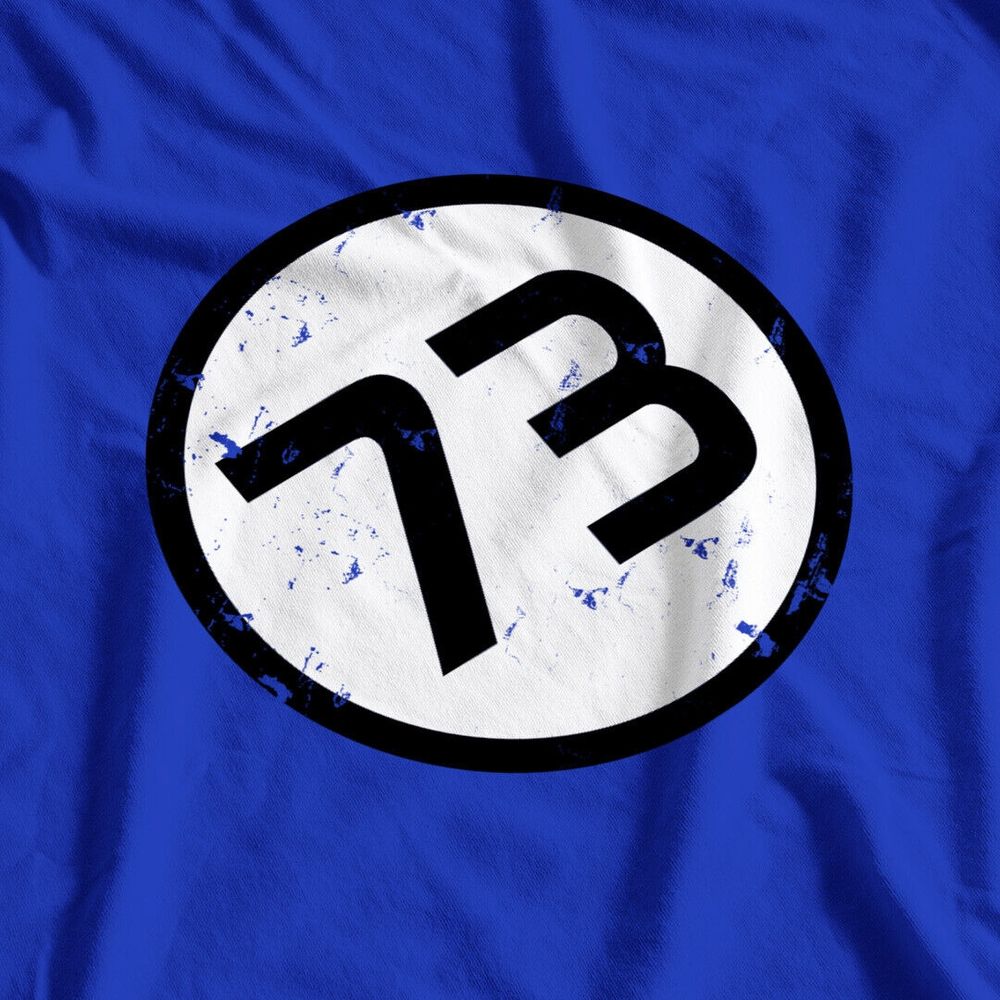 Stylized emblem on a blue background featuring a white circle with a black border, containing the number "73" in bold black font and blue splatter marks for a distressed effect.