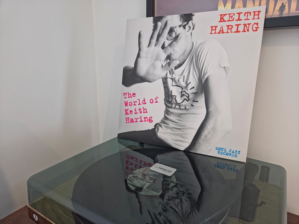 The World of Keith Haring vinyl standing on a Lenco vinyl player