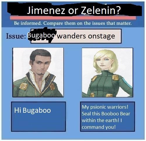 a variant of the Biden vs Bernie meme with Jimenez and Zelenin from Shin Megami Tensei Strange Journey, debating how they would handle Bugaboo wandering on stage, with Jimenez saying "Hi Bugaboo" and Zelenin saying "My psionic warriors! Seal this Booboo Bear within the earth! I Command you!"