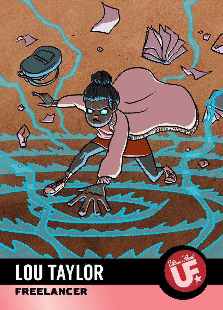 A Trading Card of a character called Lou Taylor. She's got black hair, wears a cardigan, and is creating ripples of blue magic
