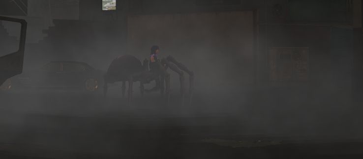 Mara, partially obscured by fog and darkness, walking the streets.