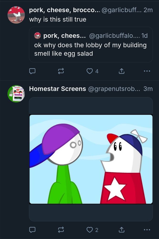 Homestar voice: why does the lobby of my building smell like egg salad

Oh hi coach z!