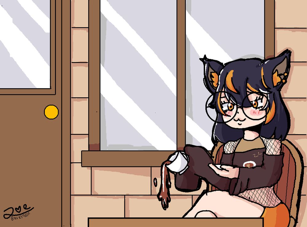 a cat boy dropin coffee in front of a  cafe