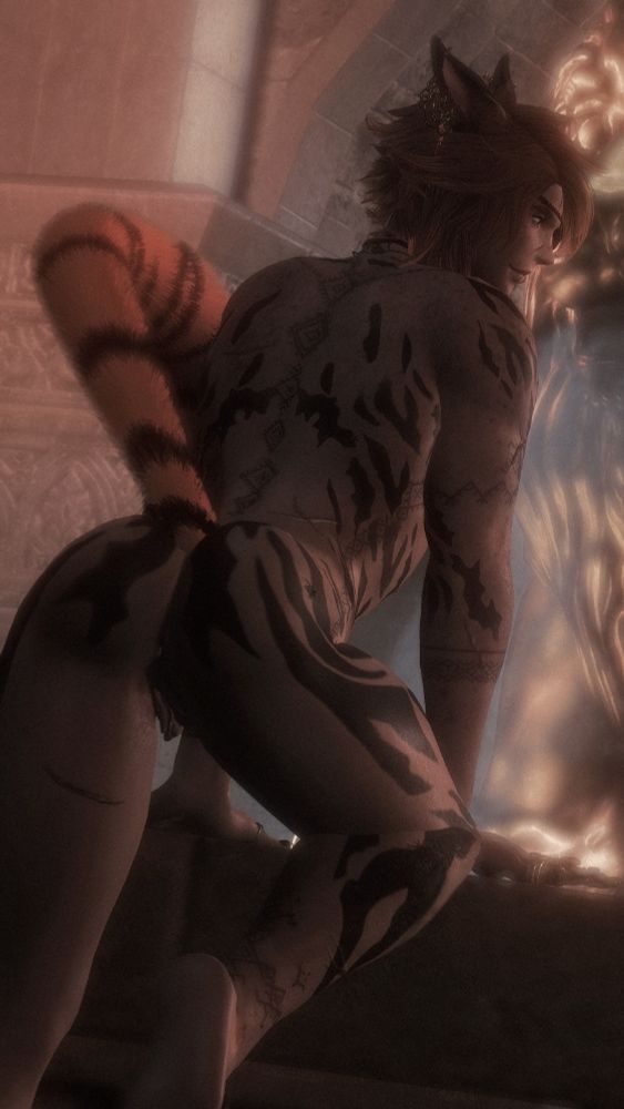 A gpose of Kahn climbing out of a pool, looking over his shoulder, and his backside showing with everything there. Tail is lifted up and he's smirking back to the one behind him. 