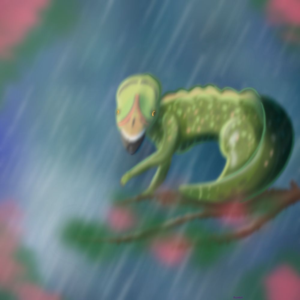 A small reptilian creature on a branch in the rain.