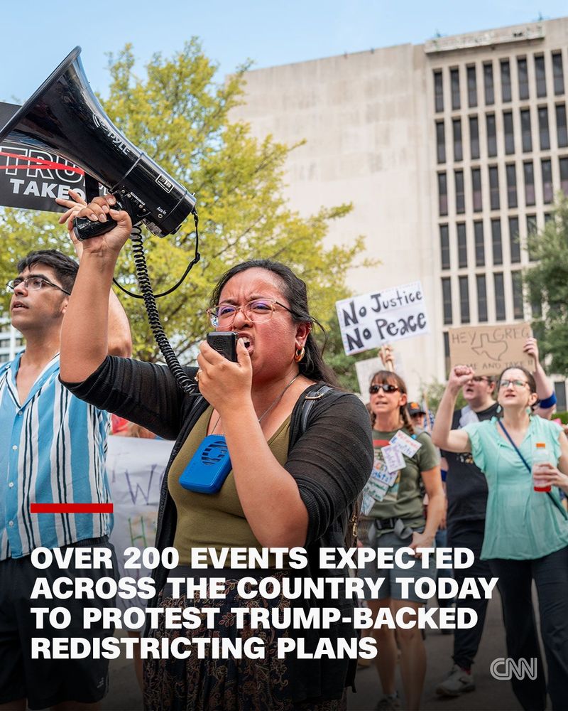A photo graphic reads: "Over 200 events expected across the country today to protest Trump-backed redistricting plans."
Photo caption: Demonstrators protest against the recently introduced redistricting legislation during an emergency march and picket rally outside of the Governor's Mansion on August 4, 2025, in Austin, Texas. | Brandon Bell/Getty Images/File