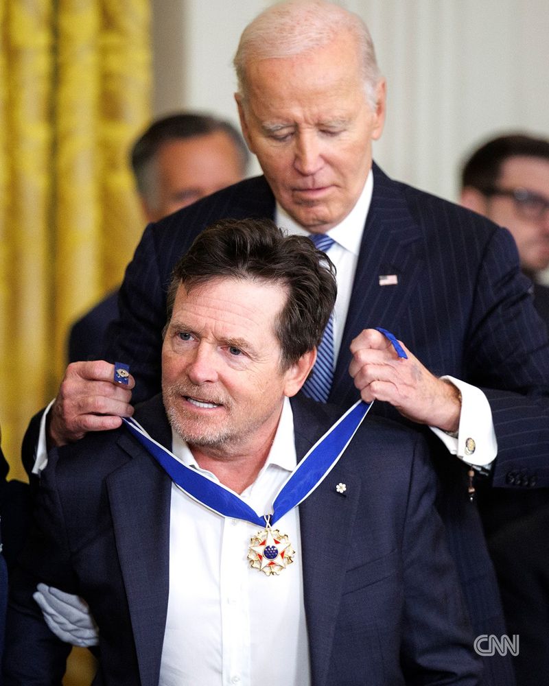 Actor Michael J. Fox is awarded the Presidential Medal of Freedom by President Joe Biden in the East Room of the White House