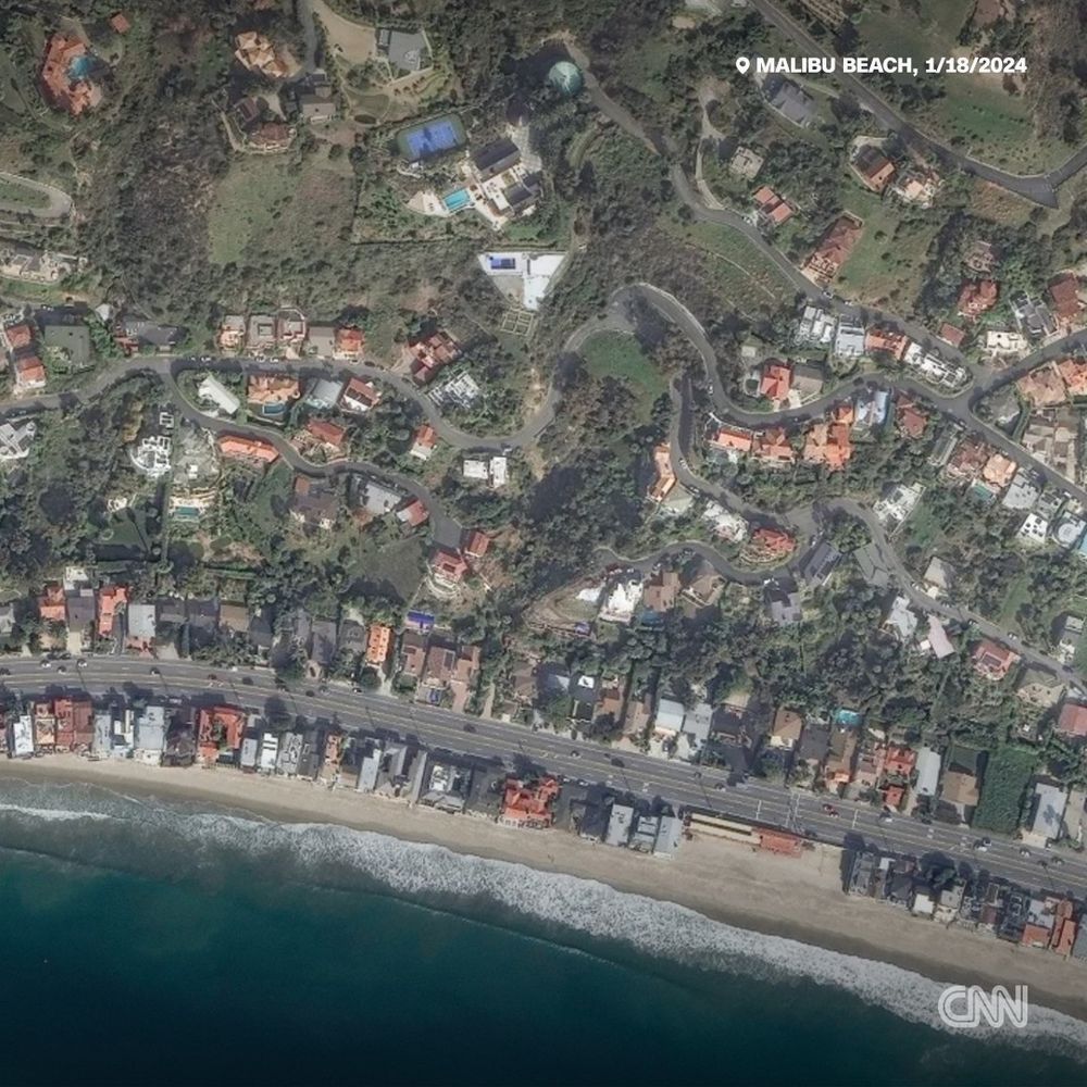 Satellite imagery by Maxar from January 18, 2024, shows the structures, streets and coastline of Malibu Beach before the fires.