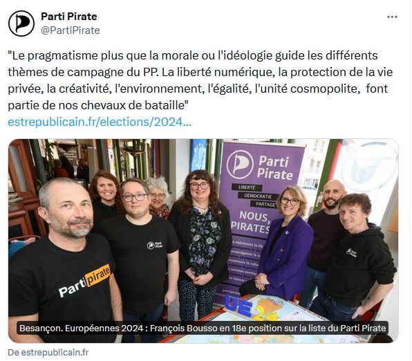 Post twiter du Parti Pirate qui a été interviewé par l'est républicain lors d'une après-midi à Besançon !