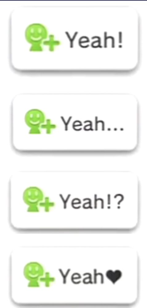 the four reaction buttons on the Nintendo Miiverse: Yeah!, Yeah…, Yeah!?, and Yeah (heart shape)