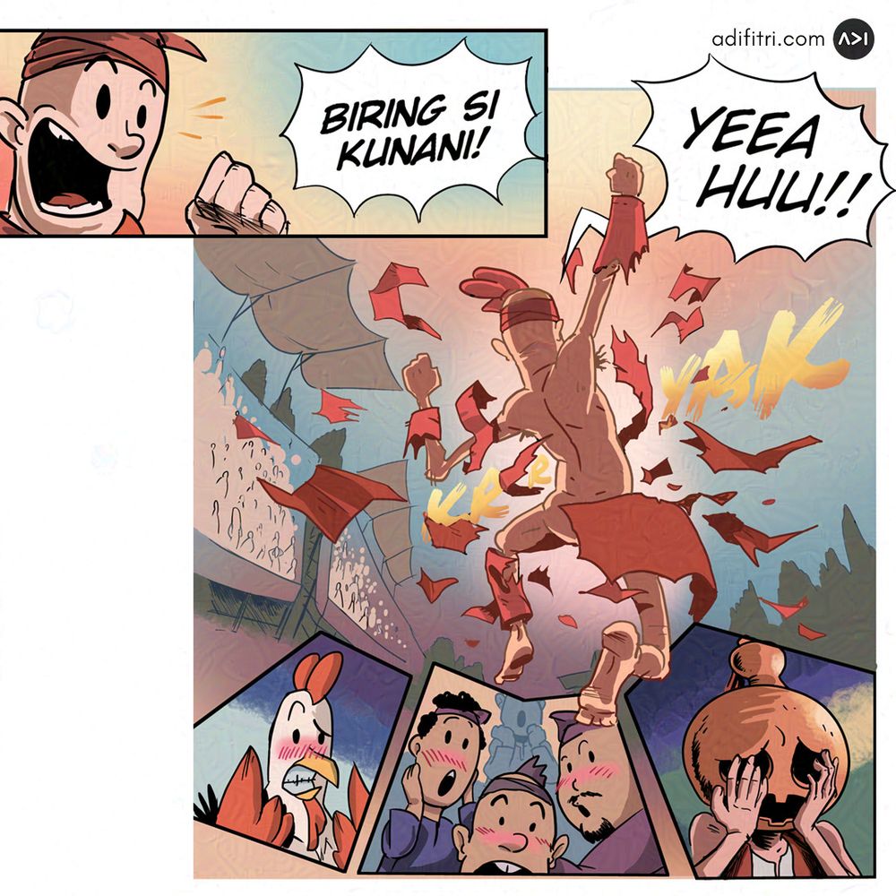 2 panel komik. Panel 1: Pak Kadok kegembiran mendengar pengumuman "...Biring Si Kunani!". Panel 2: Pak Kadok melonjak kegembiraan. Pakaiannya terkoyak akibat pergerakannya yang tiba-tiba. " Yeeahuu!!"